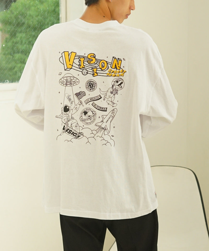 VISION バックプリント ＆ 刺繍 マルチ イラスト ロング Tシャツ ロンT 恐竜 VISION ヴィジョン