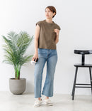 【C-FORT POINT/フォートポイント】華奢見え ワイドリブフレンチスリーブＴシャツ 二の腕カバー 伸縮性 細見え オフィス 通勤 きれいめ 大人カジュアル