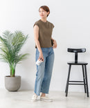 【C-FORT POINT/フォートポイント】華奢見え ワイドリブフレンチスリーブＴシャツ 二の腕カバー 伸縮性 細見え オフィス 通勤 きれいめ 大人カジュアル