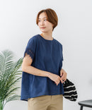 【C-FORTPOINT/フォートポイント】【通気性・吸水性に優れたスラブ素材】スラブ袖レースブラウス 綿100% クルーネック フレンチスリーブ 首元すっきり見え デイリーユース オフィス