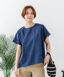 【C-FORTPOINT/フォートポイント】【通気性・吸水性に優れたスラブ素材】スラブ袖レースブラウス 綿100% クルーネック フレンチスリーブ 首元すっきり見え デイリーユース オフィス