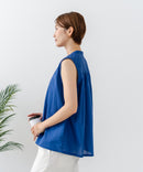 【C-FORTPOINT/フォートポイント】【綿100% 大人の魅力を引き立てる繊細な刺繍】刺繍切替 ノースリーブブラウス バンドカラー 透け感 涼やか 上品 華やか