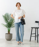 【C-FORTPOINT/フォートポイント】【通気性・吸水性に優れたスラブ素材】スラブ袖レースブラウス 綿100% クルーネック フレンチスリーブ 首元すっきり見え デイリーユース オフィス