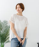 【C-FORTPOINT/フォートポイント】【通気性・吸水性に優れたスラブ素材】スラブ袖レースブラウス 綿100% クルーネック フレンチスリーブ 首元すっきり見え デイリーユース オフィス