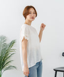 【C-FORTPOINT/フォートポイント】【通気性・吸水性に優れたスラブ素材】スラブ袖レースブラウス 綿100% クルーネック フレンチスリーブ 首元すっきり見え デイリーユース オフィス