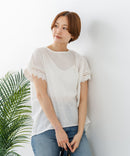【C-FORTPOINT/フォートポイント】【通気性・吸水性に優れたスラブ素材】スラブ袖レースブラウス 綿100% クルーネック フレンチスリーブ 首元すっきり見え デイリーユース オフィス