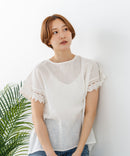 【C-FORTPOINT/フォートポイント】【通気性・吸水性に優れたスラブ素材】スラブ袖レースブラウス 綿100% クルーネック フレンチスリーブ 首元すっきり見え デイリーユース オフィス