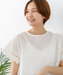 【C-FORTPOINT/フォートポイント】【通気性・吸水性に優れたスラブ素材】スラブ袖レースブラウス 綿100% クルーネック フレンチスリーブ 首元すっきり見え デイリーユース オフィス