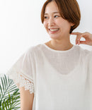 【C-FORTPOINT/フォートポイント】【通気性・吸水性に優れたスラブ素材】スラブ袖レースブラウス 綿100% クルーネック フレンチスリーブ 首元すっきり見え デイリーユース オフィス