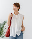 【C-FORTPOINT/フォートポイント】【綿100% 大人の魅力を引き立てる繊細な刺繍】刺繍切替 ノースリーブブラウス バンドカラー 透け感 涼やか 上品 華やか