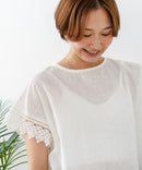 【C-FORTPOINT/フォートポイント】【通気性・吸水性に優れたスラブ素材】スラブ袖レースブラウス 綿100% クルーネック フレンチスリーブ 首元すっきり見え デイリーユース オフィス
