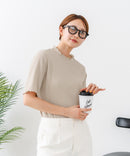 【C-FORTPOINT/フォートポイント】【ひんやり接触冷感 二の腕カバー】カット楊柳 ハイネック5分袖Tシャツ 体型カバー 着痩せ きれいめ カジュアル 涼しい