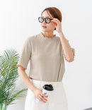 【C-FORTPOINT/フォートポイント】【ひんやり接触冷感 二の腕カバー】カット楊柳 ハイネック5分袖Tシャツ 体型カバー 着痩せ きれいめ カジュアル 涼しい