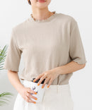 【C-FORTPOINT/フォートポイント】【ひんやり接触冷感 二の腕カバー】カット楊柳 ハイネック5分袖Tシャツ 体型カバー 着痩せ きれいめ カジュアル 涼しい