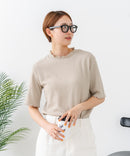 【C-FORTPOINT/フォートポイント】【ひんやり接触冷感 二の腕カバー】カット楊柳 ハイネック5分袖Tシャツ 体型カバー 着痩せ きれいめ カジュアル 涼しい