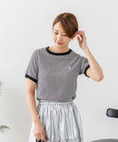 【U.S.POLO ASSN./ユーエスポロアッスン】【肌離れが良く通気性に優れるサッカー生地】リンガーＴシャツ ワンポイントロゴ 半袖 クルーネック 涼しい 綺麗めカジュアル