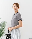 【U.S.POLO ASSN./ユーエスポロアッスン】【肌離れが良く通気性に優れるサッカー生地】リンガーＴシャツ ワンポイントロゴ 半袖 クルーネック 涼しい 綺麗めカジュアル