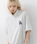 【SAVIER/サビアー】×【ZERO STAIN/ゼロステイン】【LAロゴ立体刺繍】コラボ ハーフジップ Tシャツ オーバーサイズ 汗染み防止 ストリート・スケーター