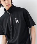 【SAVIER/サビアー】×【ZERO STAIN/ゼロステイン】【LAロゴ立体刺繍】コラボ ハーフジップ Tシャツ オーバーサイズ 汗染み防止 ストリート・スケーター
