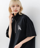 【SAVIER/サビアー】×【ZERO STAIN/ゼロステイン】【LAロゴ立体刺繍】コラボ ハーフジップ Tシャツ オーバーサイズ 汗染み防止 ストリート・スケーター
