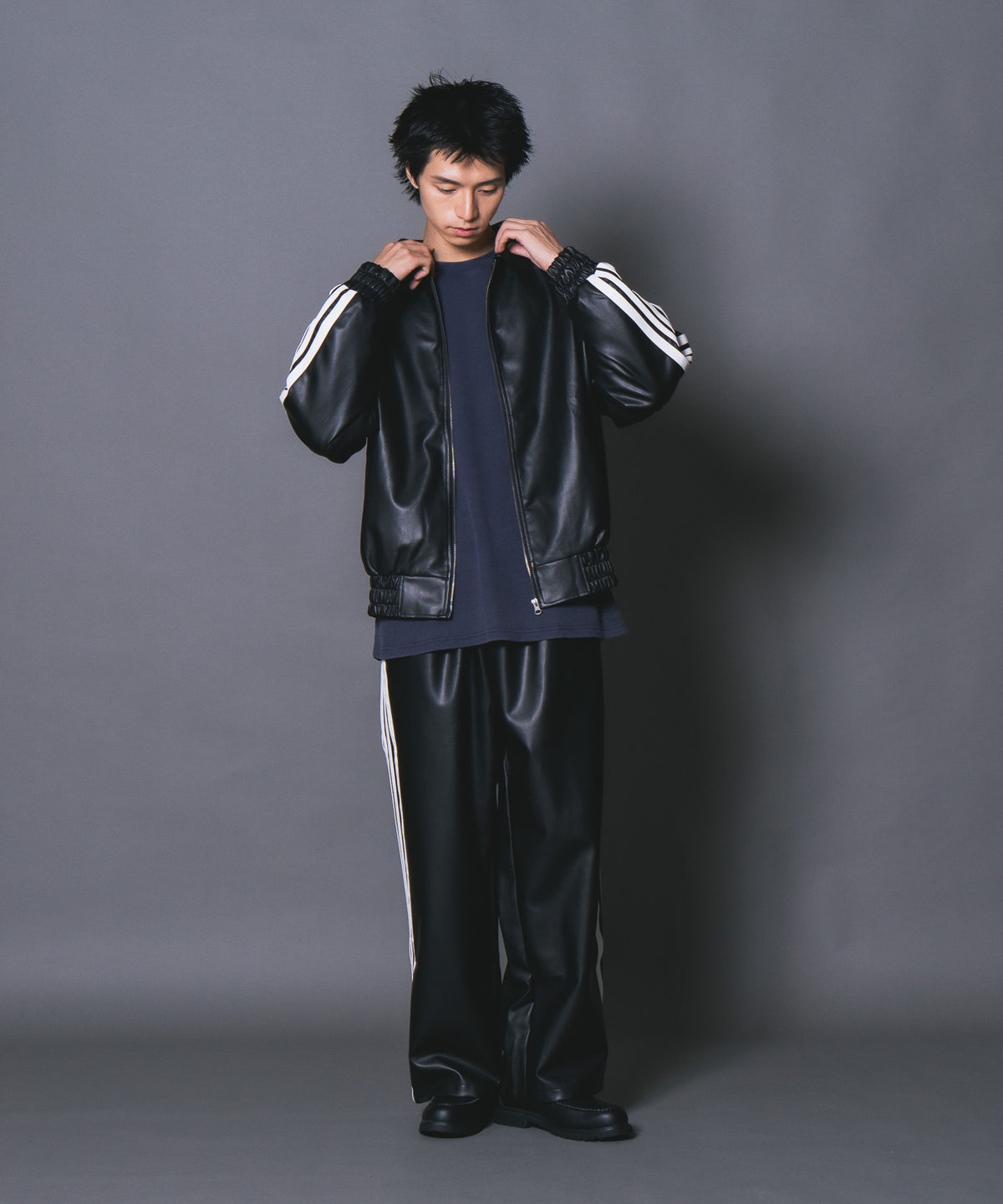 レザーライク サイド袖 ライン トラック ジャケット