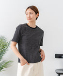 【C-FORTPOINT/フォートポイント】【細見え スタイルアップ効果】細ボーダー ジャガードリブTシャツ 着痩せ きれいめ オフィス 通勤 大人カジュアル フレンチシック
