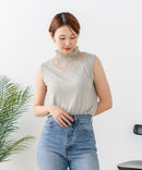 【C-FORTPOINT/フォートポイント】【1枚で華やか レースインナー】ハイネックレース切替タンクトップ インナー チラ見せ 重ね着 立ち襟 華やか 上品 きれいめ