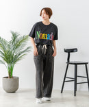 【C-FORT POINT/フォートポイント】ニットデニム ベイカーワイドパンツ デニム風 ストレッチ 柔らかい 楽パン ウエストゴム 大人カジュアル デイリー 公園 ワンマイルウェア