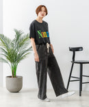 【C-FORT POINT/フォートポイント】ニットデニム ベイカーワイドパンツ デニム風 ストレッチ 柔らかい 楽パン ウエストゴム 大人カジュアル デイリー 公園 ワンマイルウェア