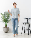 【C-FORTPOINT/フォートポイント】【ひんやり接触冷感 二の腕カバー】カット楊柳 ハイネック5分袖Tシャツ 体型カバー 着痩せ きれいめ カジュアル 涼しい