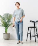 【C-FORTPOINT/フォートポイント】【ひんやり接触冷感 二の腕カバー】カット楊柳 ハイネック5分袖Tシャツ 体型カバー 着痩せ きれいめ カジュアル 涼しい
