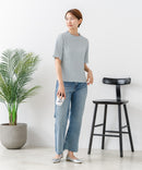 【C-FORTPOINT/フォートポイント】【ひんやり接触冷感 二の腕カバー】カット楊柳 ハイネック5分袖Tシャツ 体型カバー 着痩せ きれいめ カジュアル 涼しい