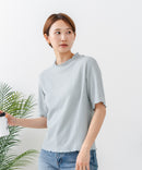 【C-FORTPOINT/フォートポイント】【ひんやり接触冷感 二の腕カバー】カット楊柳 ハイネック5分袖Tシャツ 体型カバー 着痩せ きれいめ カジュアル 涼しい