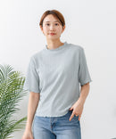 【C-FORTPOINT/フォートポイント】【ひんやり接触冷感 二の腕カバー】カット楊柳 ハイネック5分袖Tシャツ 体型カバー 着痩せ きれいめ カジュアル 涼しい