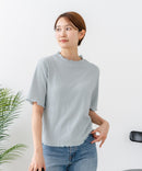 【C-FORTPOINT/フォートポイント】【ひんやり接触冷感 二の腕カバー】カット楊柳 ハイネック5分袖Tシャツ 体型カバー 着痩せ きれいめ カジュアル 涼しい