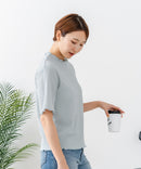【C-FORTPOINT/フォートポイント】【ひんやり接触冷感 二の腕カバー】カット楊柳 ハイネック5分袖Tシャツ 体型カバー 着痩せ きれいめ カジュアル 涼しい