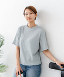 【C-FORTPOINT/フォートポイント】【ひんやり接触冷感 二の腕カバー】カット楊柳 ハイネック5分袖Tシャツ 体型カバー 着痩せ きれいめ カジュアル 涼しい