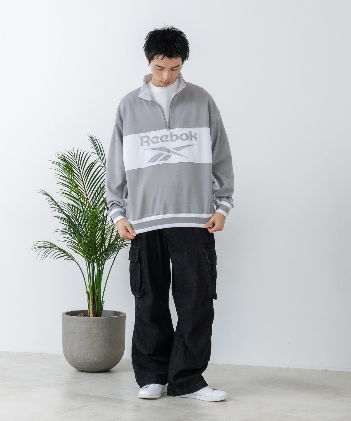 REEBOK/リーボック】裏毛 ロゴ 切替リブライン ハーフジッププル