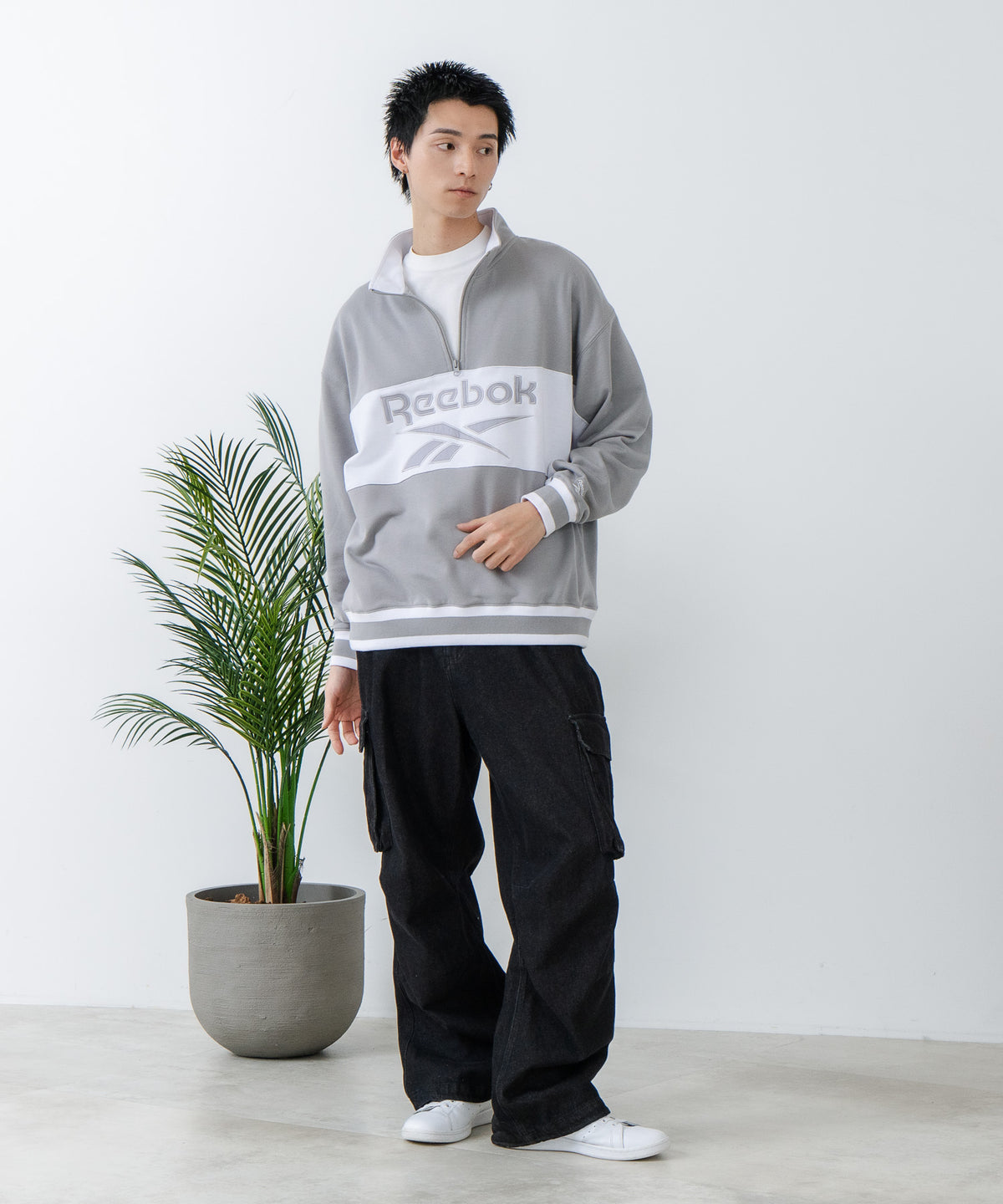 Reebok/リーボック】裏毛 ロゴ 切替リブライン ハーフジッププル