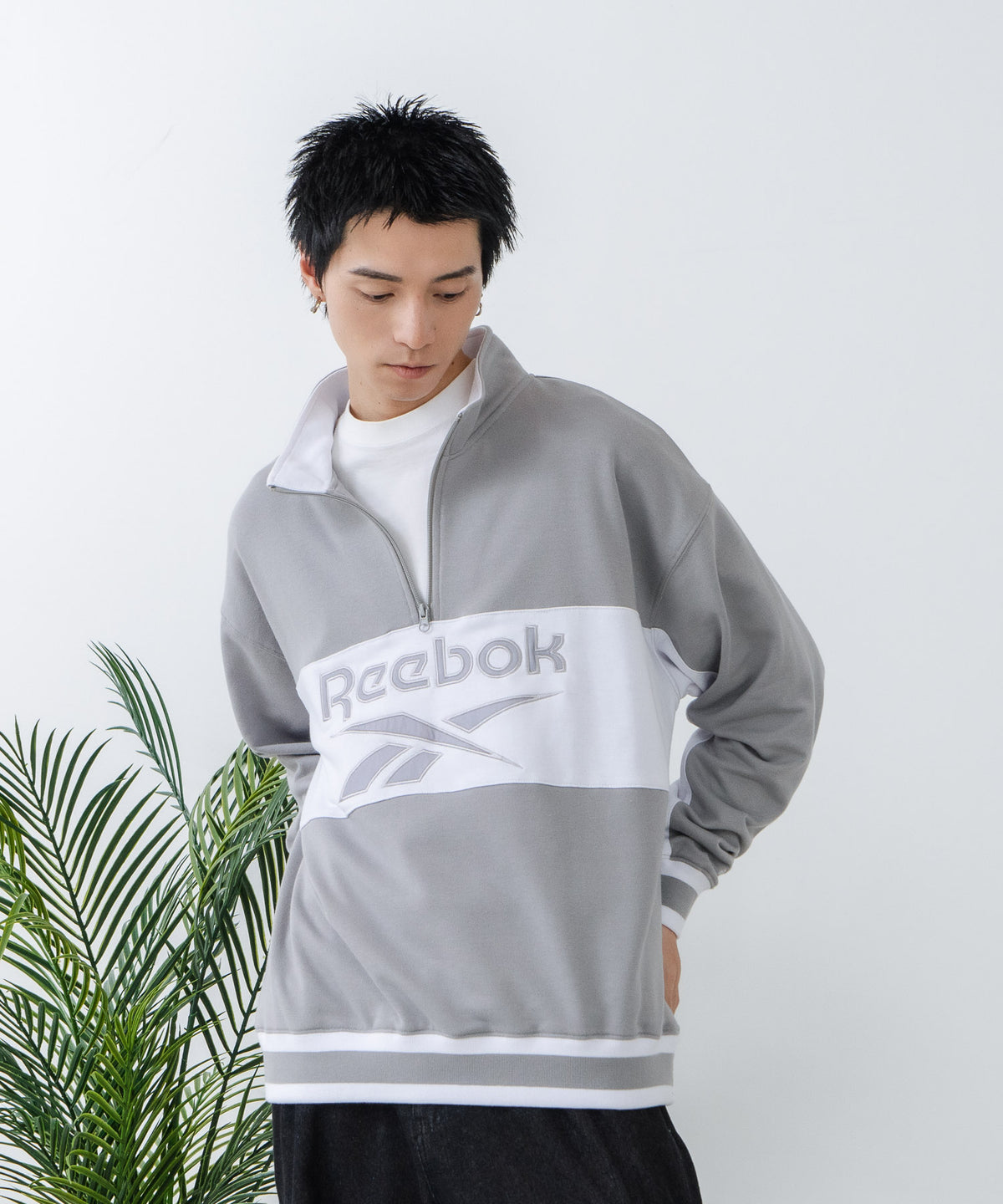 REEBOK/リーボック】裏毛 ロゴ 切替リブライン ハーフジッププル