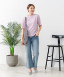 【C-FORTPOINT/フォートポイント】【ひんやり接触冷感 二の腕カバー】カット楊柳 ハイネック5分袖Tシャツ 体型カバー 着痩せ きれいめ カジュアル 涼しい
