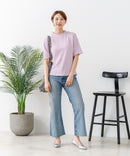 【C-FORTPOINT/フォートポイント】【ひんやり接触冷感 二の腕カバー】カット楊柳 ハイネック5分袖Tシャツ 体型カバー 着痩せ きれいめ カジュアル 涼しい