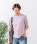 【C-FORTPOINT/フォートポイント】【ひんやり接触冷感 二の腕カバー】カット楊柳 ハイネック5分袖Tシャツ 体型カバー 着痩せ きれいめ カジュアル 涼しい