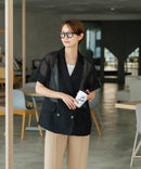 【C-FORT POINT/フォートポイント】涼しい羽織り シアー素材 半袖 ダブルテーラードジャケット きれいめ オフィス 通勤 冷房対策 韓国ファッション 大人カジュアル