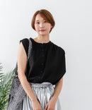 【C-FORTPOINT/フォートポイント】【綿100% 大人の魅力を引き立てる繊細な刺繍】刺繍切替 ノースリーブブラウス バンドカラー 透け感 涼やか 上品 華やか