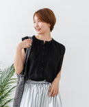 【C-FORTPOINT/フォートポイント】【綿100% 大人の魅力を引き立てる繊細な刺繍】刺繍切替 ノースリーブブラウス バンドカラー 透け感 涼やか 上品 華やか