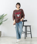 【C-FORT POINT/フォートポイント】【綿100%のやわらかな着心地】ワイドシルエット7分袖Tシャツ フレブル プリント カレッジ風ロゴ ワイドシルエット 体形カバー