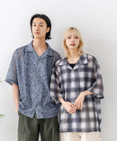 【BLUE STANDARD/ブルースタンダード】【大人のリゾートシャツ】オンブレチェック リゾート柄 プリントメッシュシャツ オープンカラー 総柄 涼感 速乾 旅行 海 フェス 軽い 爽やか
