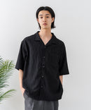 【BLUE STANDARD/ブルースタンダード】【上品な抜け感】ニットジャガード 透かし編みシャツ オープンカラー 波柄 涼しい 通気性 羽織り きれいめ 韓国ファッション
