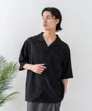 【BLUE STANDARD/ブルースタンダード】【上品な抜け感】ニットジャガード 透かし編みシャツ オープンカラー 波柄 涼しい 通気性 羽織り きれいめ 韓国ファッション